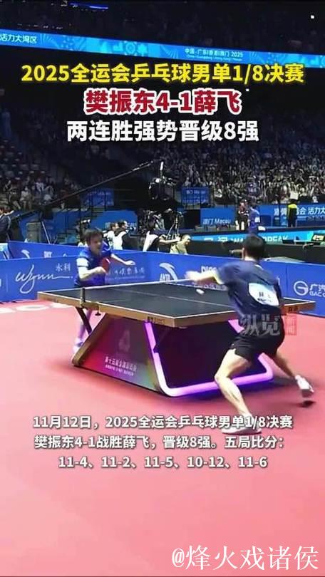 樊振东以4-1击败薛飞 成功挺进十五运会男单八强